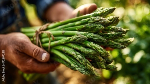 Fototapeta A close-up of hands holding a freshly harvested bundle of green asparagus, symbolizing farm-to-table freshness.
