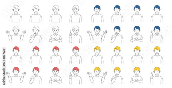 Fototapeta 若い男性の表情とジェスチャーを表現したカラーバリエーションのベクターアイコンセット