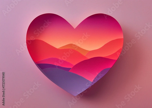 Fototapeta Ai colorful heart shape cutout revealing a scenic sunset landscape inside on a soft backdrop