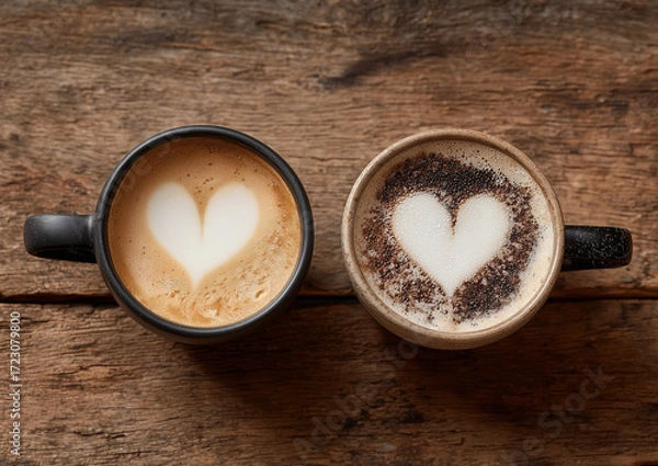 Fototapeta Ai couples enjoying heart-shaped latte art in cozy setting with rustic wooden table