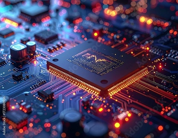 Obraz Close-up of a glowing circuit board with a central processor