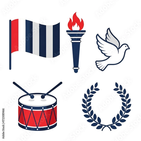Fototapeta Patriotic and symbolic icon set with flag, torch, dove, drum, and laurel wreath on white background