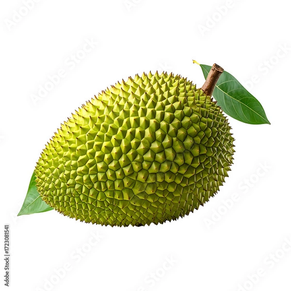 Fototapeta A young, pale green jackfruit, ovate with a textured, spiky rind, rests on a dark background, accompanied by two vibrant green leaves attached to its stem