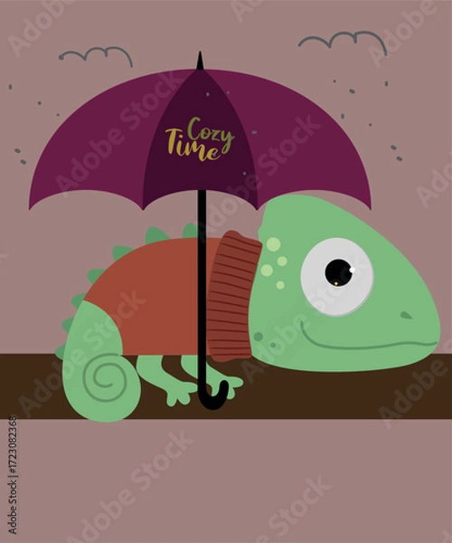 Fototapeta Flat Design Cozy Time with Chameleon Wearing a Sweater and Holding an Umbrella