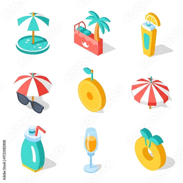 Fototapeta Summer icons set with beach umbrella and orange drink, vector icons for holidays and travel