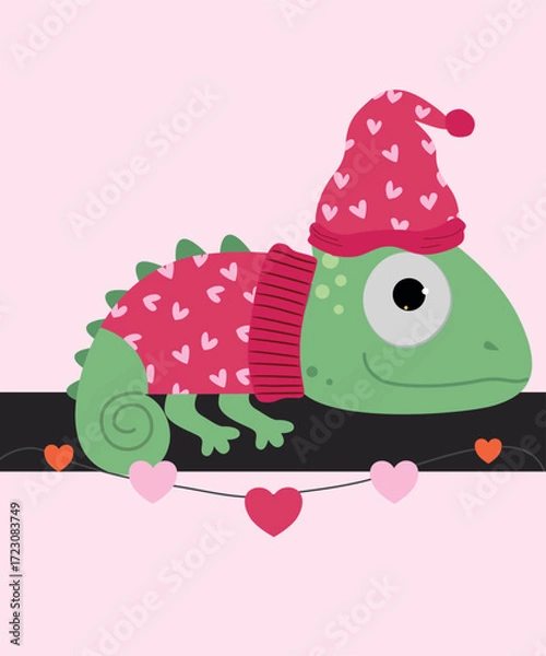 Fototapeta Flat Design Love  with Chameleon Wearing a Hat, Sweater at Heart Pattern,Decoration