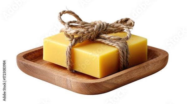 Fototapeta Artisan Soap Bar with Natural Elements: A beautifully crafted soap bar rests on a small wooden tray, adorned with a rustic twine bow, signifying handcrafted purity and natural ingredients. 