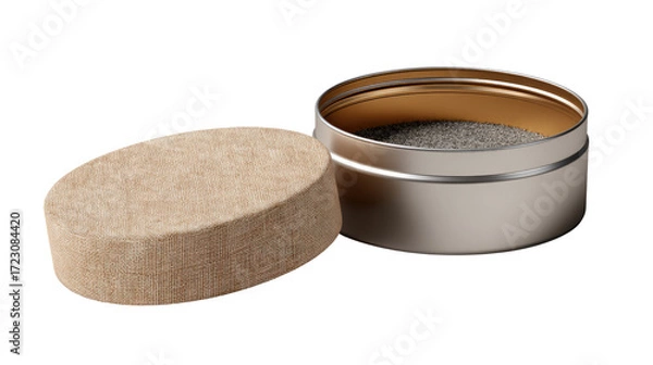 Fototapeta Stone powder and abrasive pad: the image presents an open can with a pile of stone powder and a round abrasive pad next to it