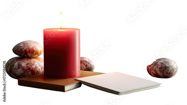 Fototapeta Candle Lit and Stone: A crimson candle burns brightly, casting a warm glow. The image features a candle and a set of balanced stones arranged near the candle.
