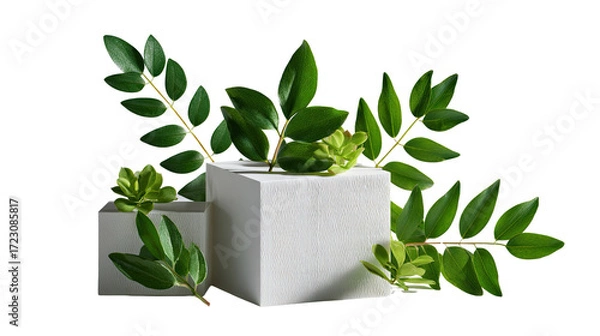 Fototapeta Botanical Composition: A minimalist botanical still life artfully arranges fresh green leaves on simple geometric forms, creating a visually engaging study of nature and design.