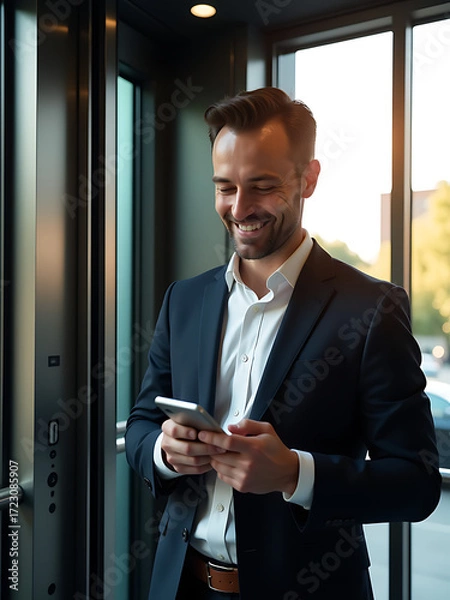 Fototapeta smiling businessman hands typing smartphone amidst sleek glass elevator interior illuminated soft natural light