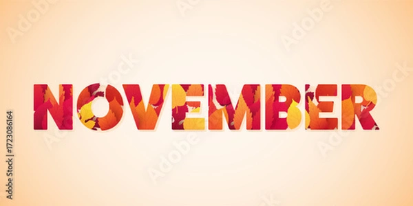 Fototapeta Bold Retro Style November Typography or Banner Design with Month Name in Fallen Leaves Patterned Capital Letters. Colors: Red, Orange, Brown - Creative Vector Text, Graphic Design, Clip-Art