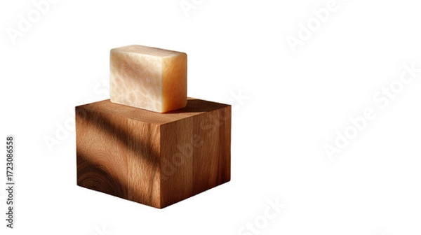 Fototapeta Artisan Soap Display: A meticulously composed studio shot spotlights two handcrafted soaps arranged on a wooden pedestal, basking in soft, natural light.