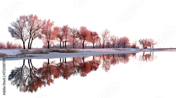 Fototapeta Winter Reflections: A serene winter scene unfolds with a line of trees reflecting on calm water under the soft, diffused light of the sky. A sense of stillness permeates the landscape.