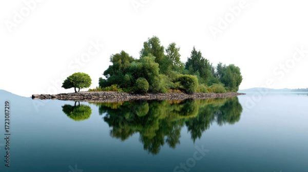 Fototapeta Island Paradise Reflection: A small, verdant island lush with trees sits serenely reflected in the tranquil waters of a lake, with clear skies. 