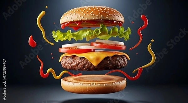 Fototapeta Exploded burger concept with ingredients floating on a dark background
