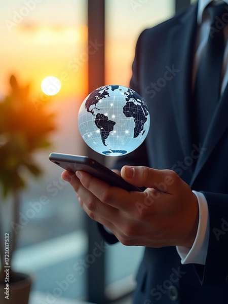 Fototapeta businessman hand gently grasping smartphone screen displaying globe sunset blurred office background warm