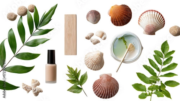 Fototapeta Serene Coastal Arrangement: An overhead shot captures a zen-like collection of coastal elements and minimalist skincare essentials, embodying tranquility and a spa-like essence.