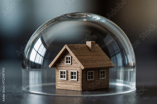 Obraz 8K cinematic photo of small wooden house model under glass dome symbolizing home insurance