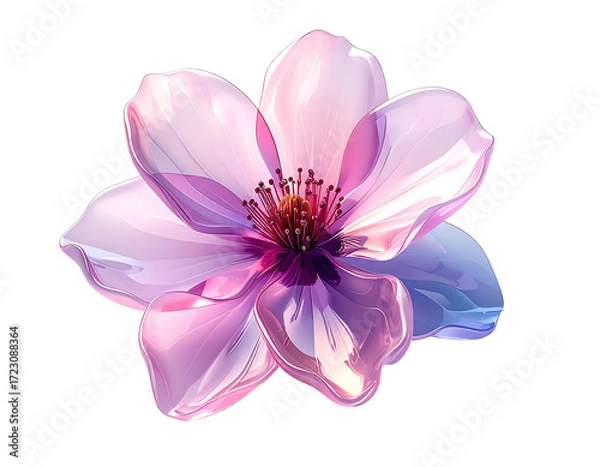 Fototapeta Glassy, translucent pink flower with a dark red center, reflecting light; five glossy petals, digitally rendered