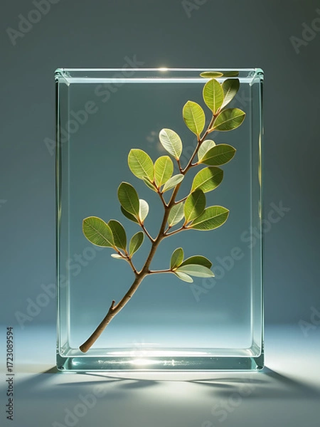 Fototapeta solitary intricately textured branch glowing eucalyptus submerged within transparent glass cube bathed soft diffused light