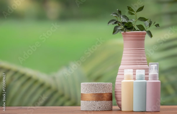 Fototapeta Product advertisement set at open-air spa setting with unlabeled product samples on wooden top