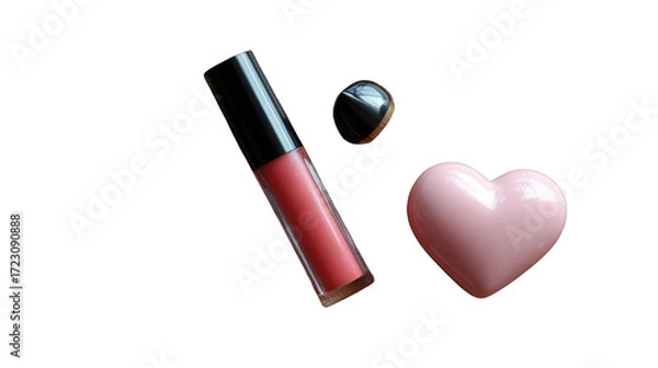 Fototapeta Lip Gloss and Pink Heart: This photo showcases a tube of glossy lip gloss with its cap and a small pink heart, evoking feelings of beauty and affection. 