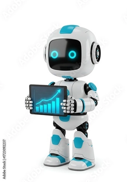 Obraz Cute Futuristic Robot Holding Tablet with Growth Graph – 3D Render