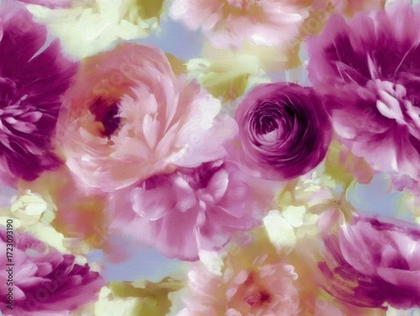 Fototapeta Seamless pattern with lush pink and purple flowers painted in soft brush strokes on a pastel background