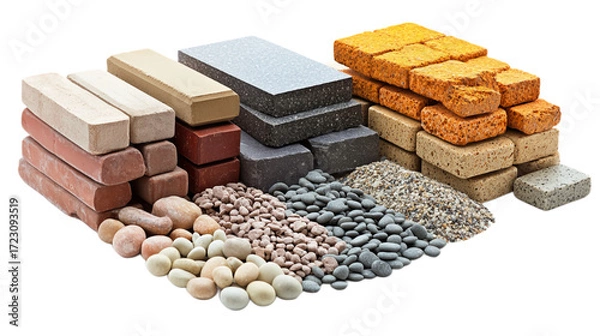 Obraz PNG Collection of building materials, including bricks, stones, slabs, pebbles, and decorative elements for exterior and interior work. For topics related to construction, cladding, renovation