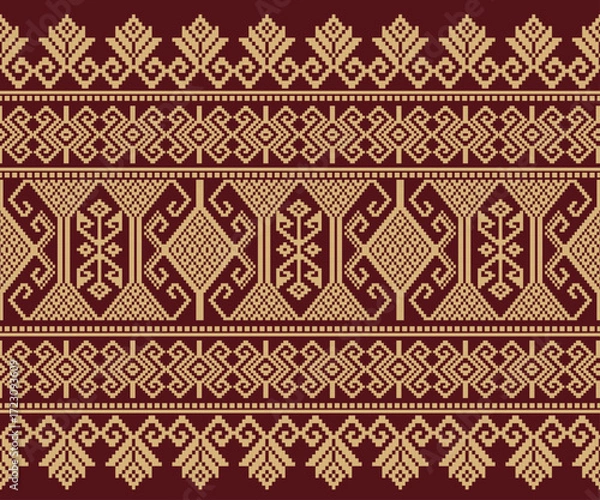 Fototapeta Seamless horizontal geometric pattern designed on red background for decoration, fabric, clothing, wallpaper.