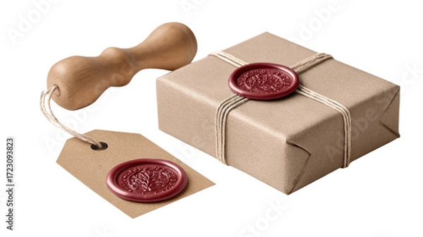 Fototapeta Sealed with Tradition: A beautifully wrapped parcel, sealed with a wax seal and tag, evokes a sense of history and care. It's a nod to timelessness in the present.