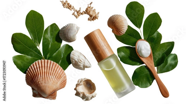 Fototapeta Serene Marine Elixir: A delicate, inviting composition, featuring seashells, pristine leaves, and a translucent bottle. Infused with the promise of tranquility, nature's essence, and marine serenity.