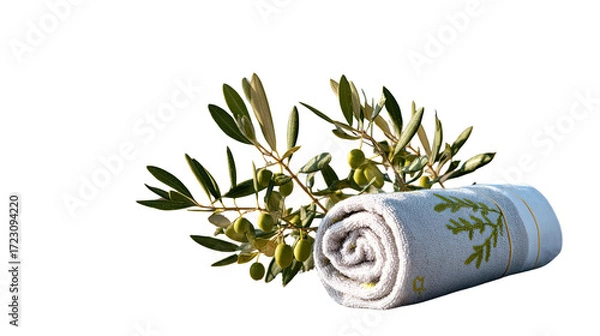 Fototapeta Olive Branch and Towel: A rolled, soft towel nestles beside a vibrant olive branch, adorned with fresh green olives, creating a sense of spa-like tranquility and natural wellness.