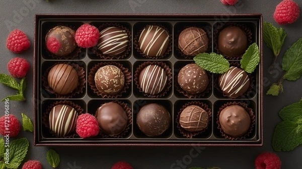 Fototapeta top-down view of a box of assorted truffles, with intricate designs on each chocolate piece
