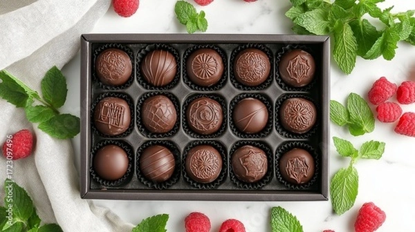 Fototapeta top-down view of a box of assorted truffles, with intricate designs on each chocolate piece
