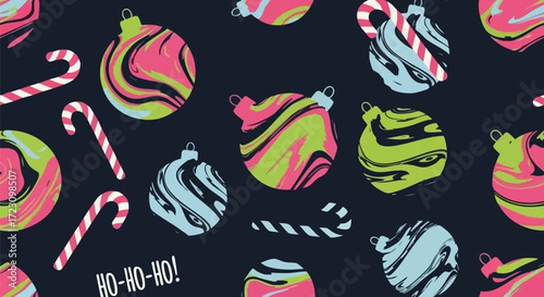Fototapeta Festive Christmas pattern with colorful ornament balls and candy canes for holiday cheer and seasonal celebrations, perfect for backgrounds and design