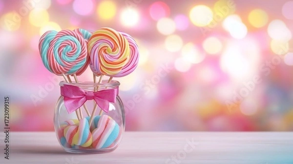 Fototapeta whimsical scene of lollipops in vibrant swirls of color, arranged in a jar with a cheerful bow, set against a blurred candy store backdrop