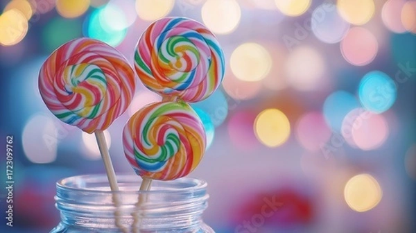 Fototapeta whimsical scene of lollipops in vibrant swirls of color, arranged in a jar with a cheerful bow, set against a blurred candy store backdrop