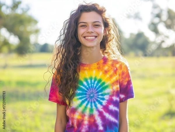 Fototapeta vibrant tie-dye T-shirt in rainbow colors worn by a smiling model standing in a green field with sunshine in the background