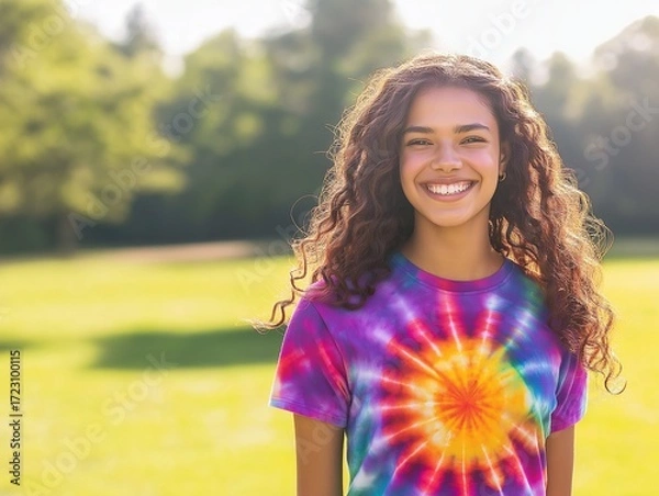 Fototapeta vibrant tie-dye T-shirt in rainbow colors worn by a smiling model standing in a green field with sunshine in the background