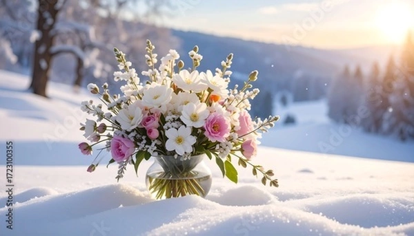 Fototapeta A vibrant bouquet of white and pink flowers in a clear vase sits atop a snowy landscape, with a bright, sunlit backdrop