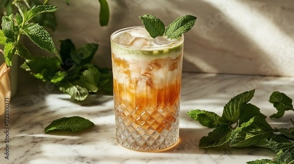 Fototapeta vibrant tea setup featuring iced matcha latte in a tall glass, surrounded by fresh mint leaves and a marble countertop