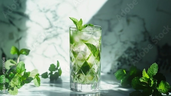 Fototapeta vibrant tea setup featuring iced matcha latte in a tall glass, surrounded by fresh mint leaves and a marble countertop