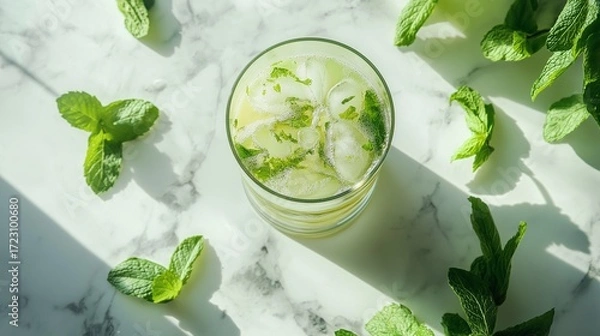Fototapeta vibrant tea setup featuring iced matcha latte in a tall glass, surrounded by fresh mint leaves and a marble countertop