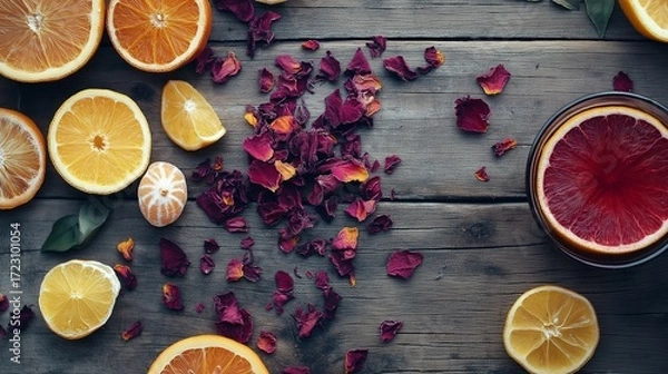 Fototapeta vibrant herbal tea composition with dried hibiscus, rose petals, and citrus slices scattered around a rustic wooden table
