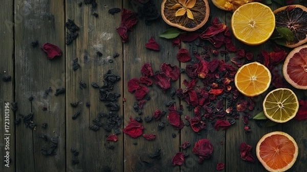 Fototapeta vibrant herbal tea composition with dried hibiscus, rose petals, and citrus slices scattered around a rustic wooden table