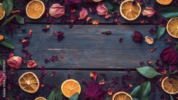 Fototapeta vibrant herbal tea composition with dried hibiscus, rose petals, and citrus slices scattered around a rustic wooden table