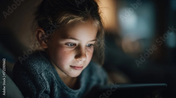 Fototapeta Young Caucasian girl with light brown hair, focused on a tablet screen in a dimly lit room. She wears a cozy sweater and has a thoughtful expression.