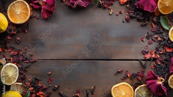 Fototapeta vibrant herbal tea composition with dried hibiscus, rose petals, and citrus slices scattered around a rustic wooden table